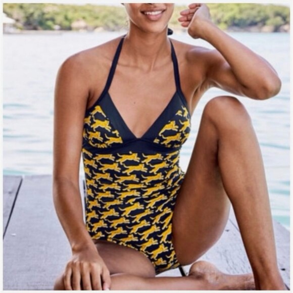 Boden Other - Boden• Retro Navy & Gold Cheetah Print🐆 Halter tie One Piece Bathing Suit• Sz 8